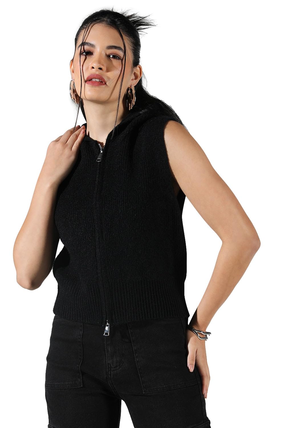 Edition Women's Ribbed Black Hooded Sleeveless Top with Zip-CHN-7734_Black-P-image-30