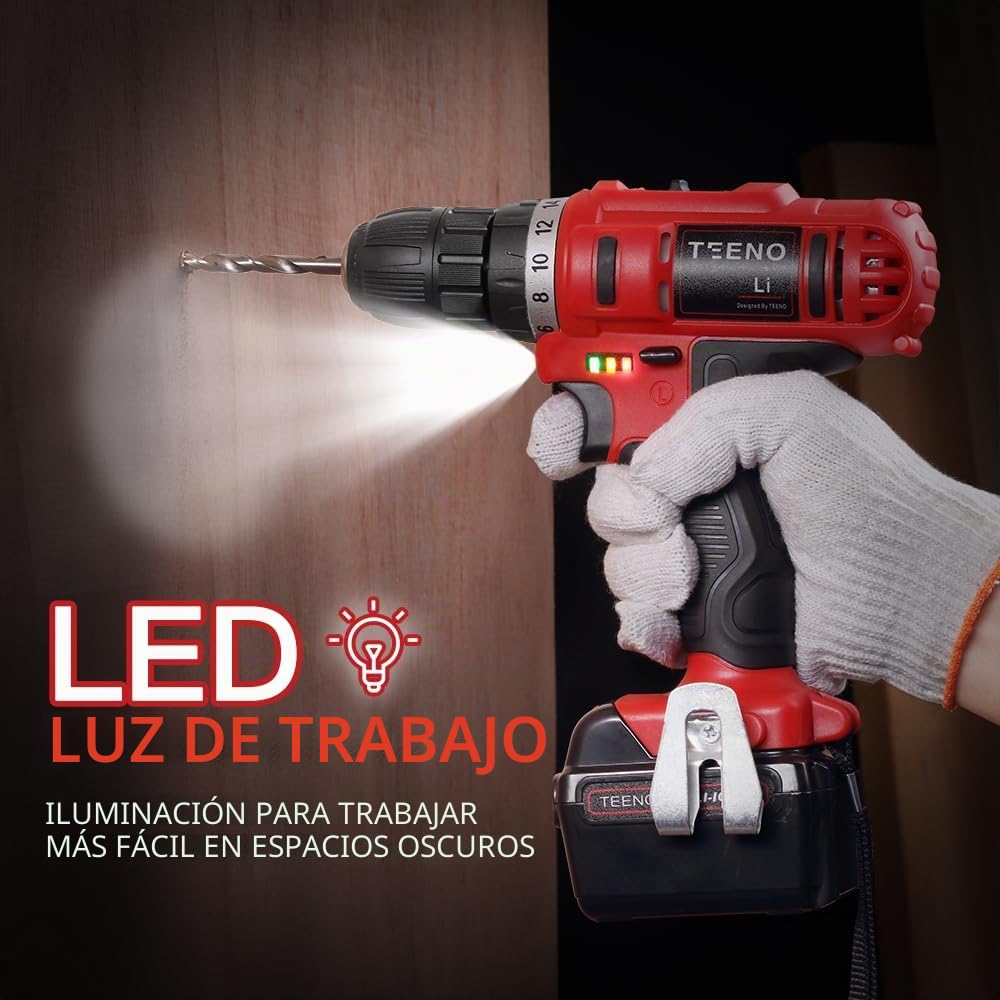 TEENO - Taladro atornillador inalámbrico PSR 21V + 2 baterías de litio + 41 accesorios + guantes profesionales