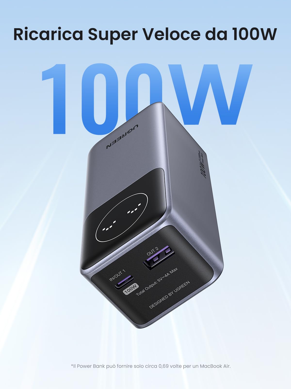 UGREEN Nexode Power Bank 12000mAh 100W, Caricatore Portatile Ricarica Rapida PD 3.0, Batteria Esterna con Display, Compatibile con MacBook Pro/Air, iPhone 16/15 Plus Pro Max, Galaxy S24 S23 Ultra