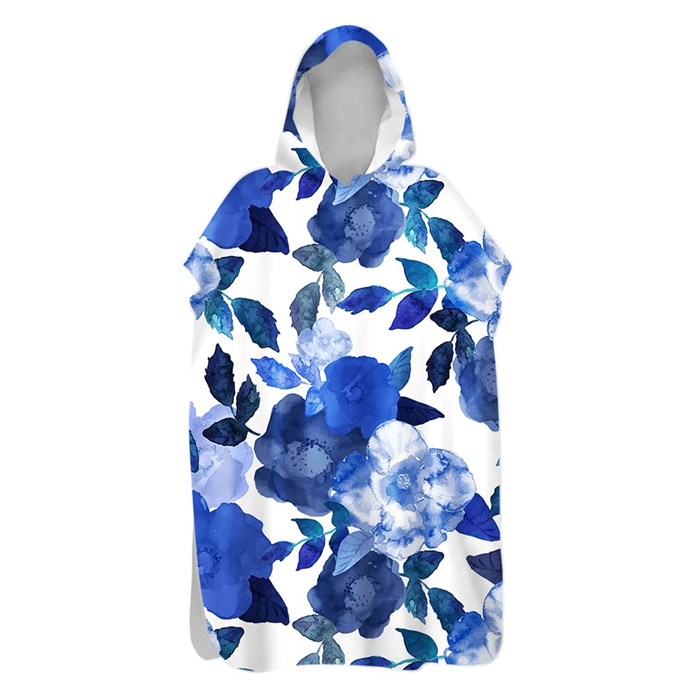 Beach Towel Hooded Poncho, Treer Quick Dry& Light Weight Changing Bath Robe with Hood, Ideal for Adult Woman & Man Child Swimming, Surfing, Bathing, Travel Towel (Blue rose,60x110cm)