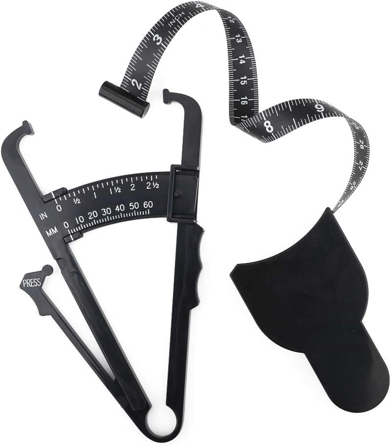 Body Fat Caliper and Body Measuring Tape, Portable Skinfold Body Fat Caliper and Retractable BMI Tape Measure Tool Set Includes English Manual for Weight-Loss Skin Fold Fitness, Black