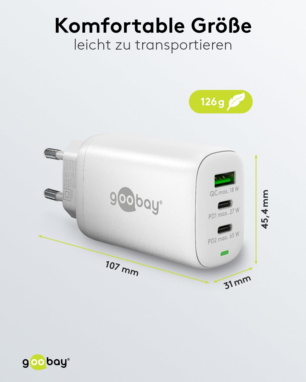 Goobay 65408 Chargeur USB C Alimentation 65W Power Delivery PD Chargeur Rapide/iPhone/Android/USB-C & USB-A 3 Ports Mini Adaptateur pour Prise de Courant/Blanc