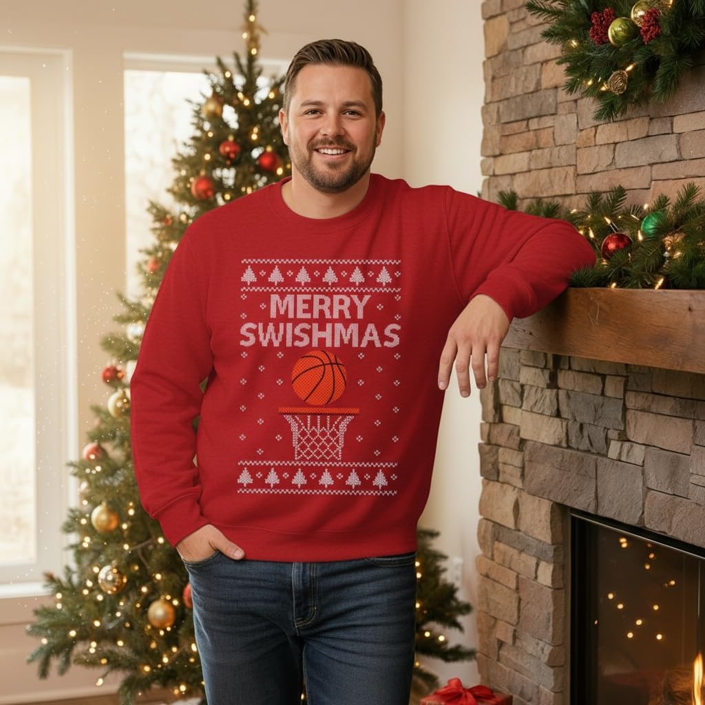 Tstars Merry Swishmas Basketball Shirt - Funny Ugly Christmas Sweater Style Long Sleeve Holiday Pullover for Men