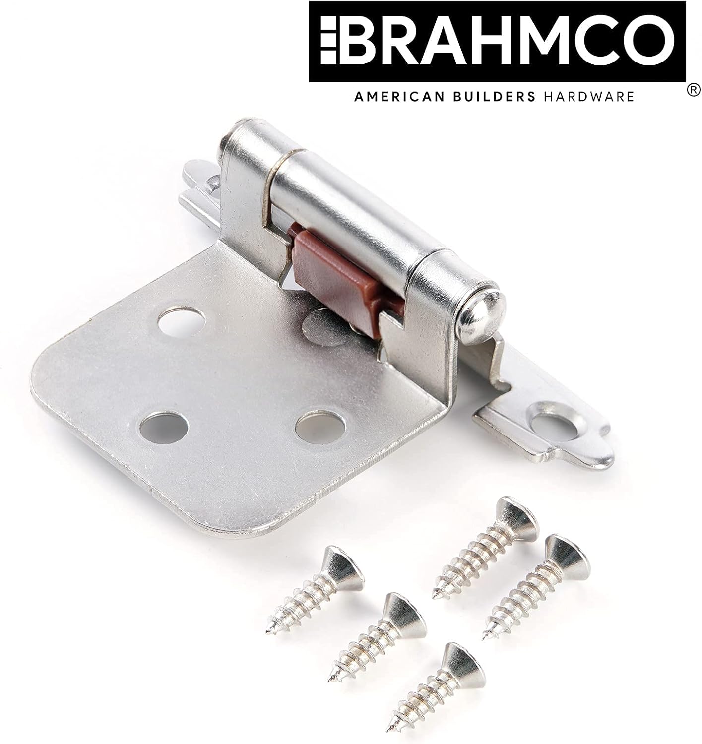 Brahmco 50 Pack | Brushed Satin Nickel Kitchen Cabinet Door Hinges: Self Closing 1/2 Inch Overlay, Face Frame Flush Mount