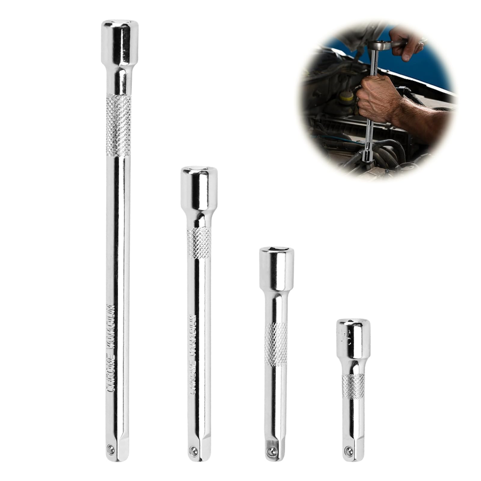 Extensión Carraca 1/4" - Set de 4 Piezas (50 mm, 75 mm, 100 mm, 150 mm) - Acero Cromo Vanadio
