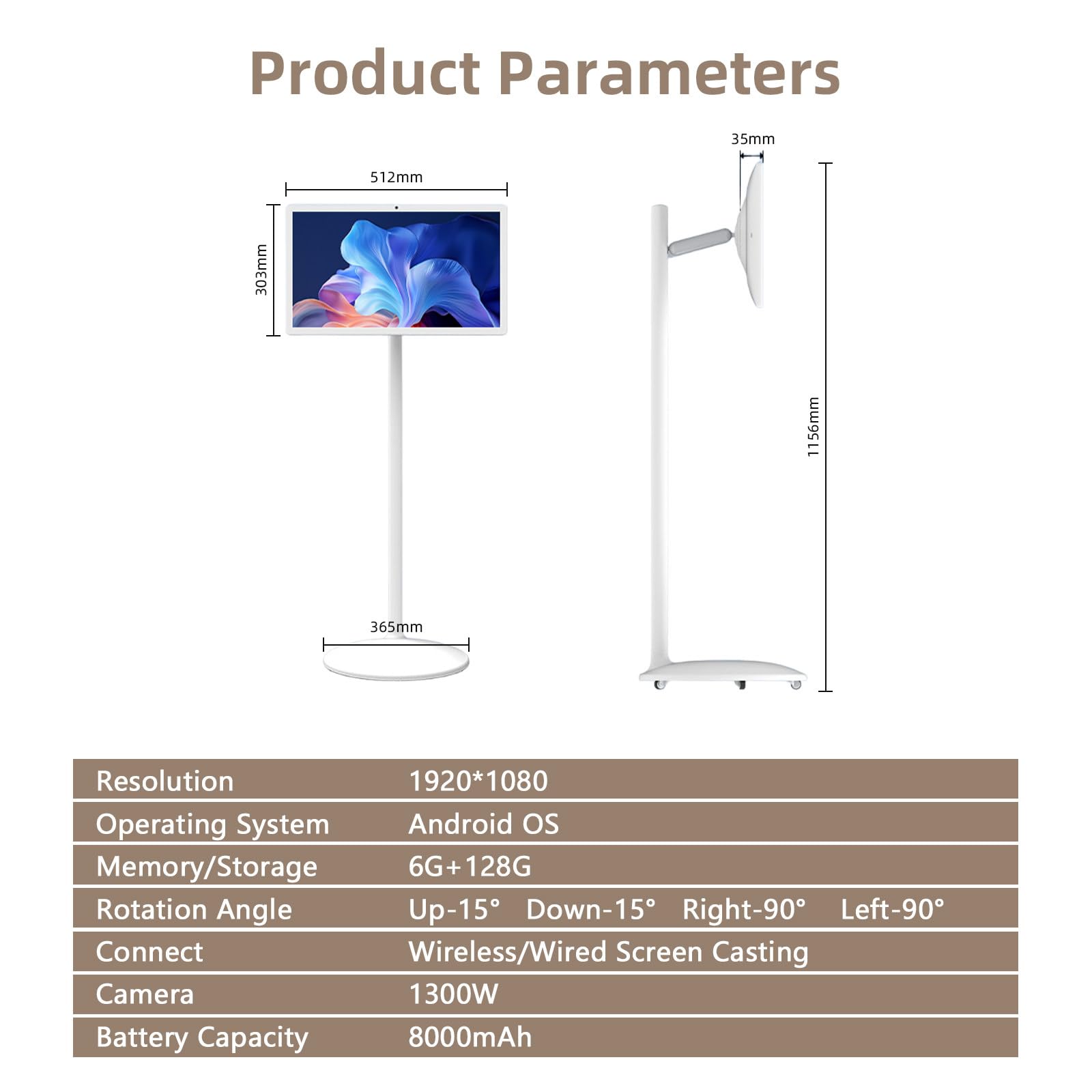 TV Portatile con Ruote,Supporto su Palo e Fotocamera Integrata da 13 MP,Display Touch Mobile,6G+128G,Batteria 8000 Integrata, per Streaming Live,Intrattenimento Domestico 22inch