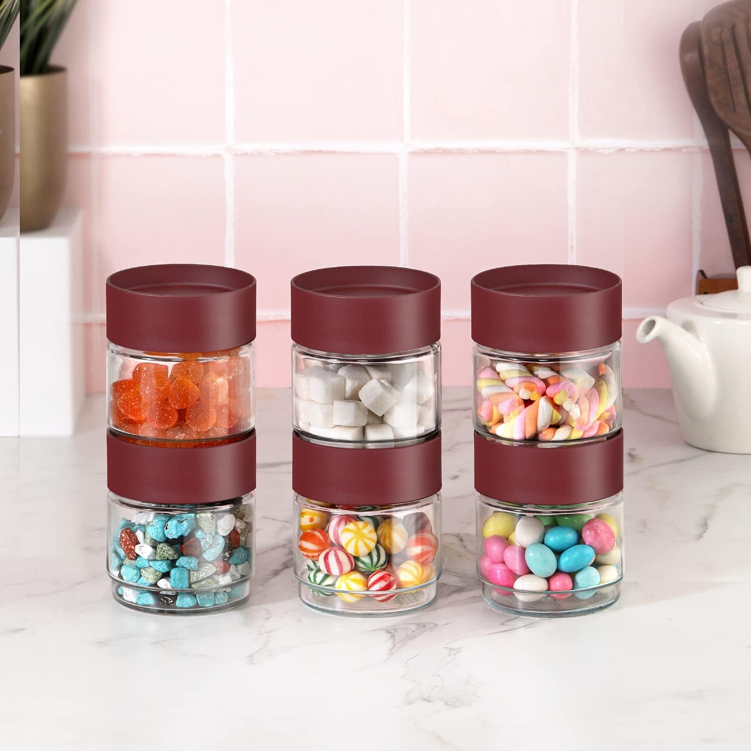 CELLO Modustack Glassy Storage Jars For Kitchen Set of 6 Pcs, 500ml Maroon | Freezer & Fridge Safe Airtight Stackable Leadfree Toughened Glass Kitchen Storage Container For Beans, Whole Grains, Spices