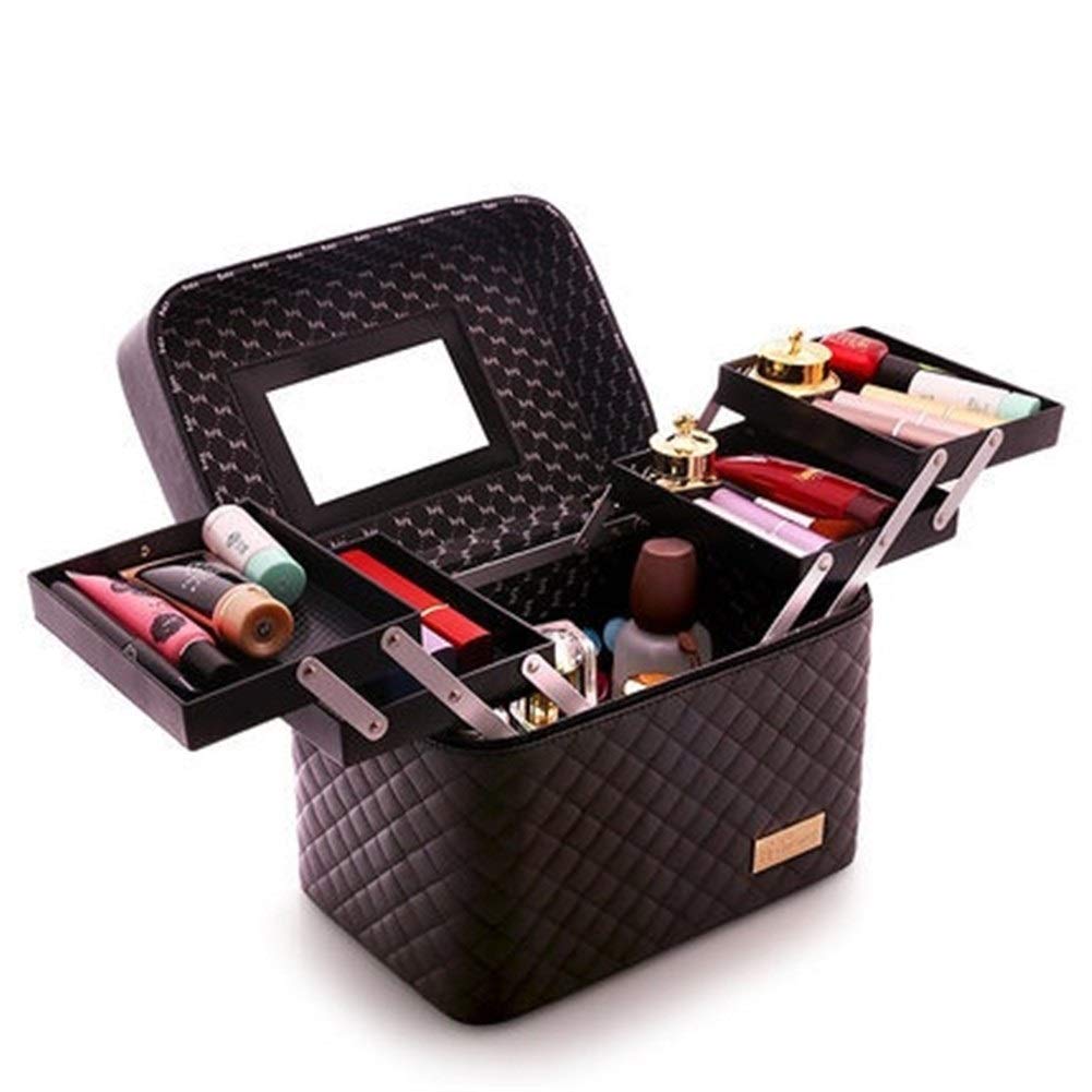 Le donne di grande capienza di trucco professionale dell'organizzatore di modo da toilette Cosmetic Bag Multilayer Storage Box grazioso portatile Valigia (Color : 0102004 black)