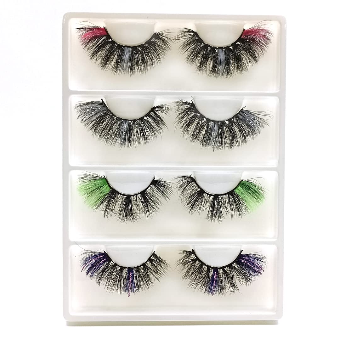 FQNing Coloured Eyelashes Full Strip Lashes Pink White Blue Green Fluffy With Glitter Lash Extensions Mixed Tray 4 Pairs (mixed14)