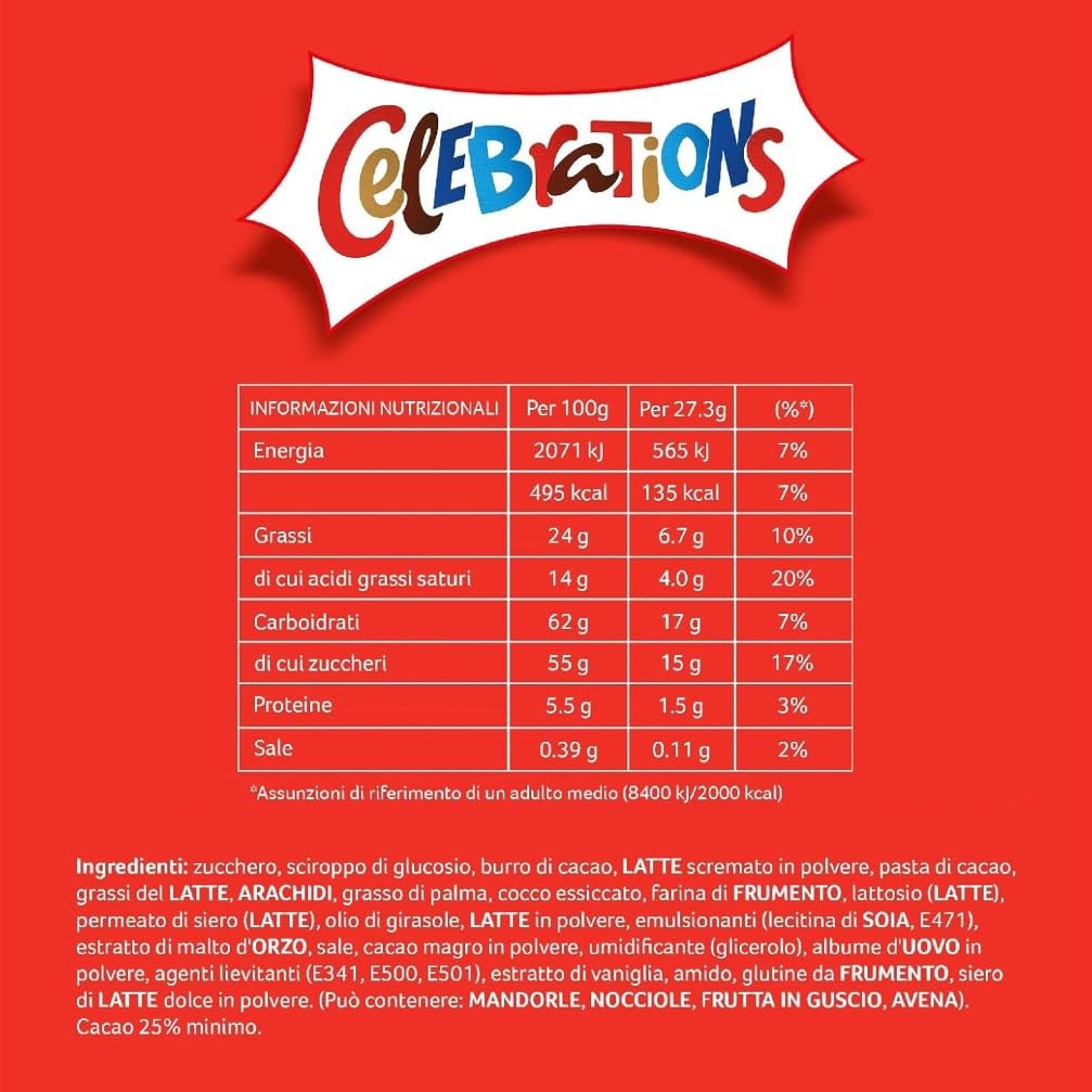 Celebrations, Snack Assortiti al Cioccolato, Praline Miste al Cioccolato Mars, Bounty, Snickers, Twix, Maltesers e Altri Ancora, 8 Scatole da 196g, Cioccolatini Natalizi