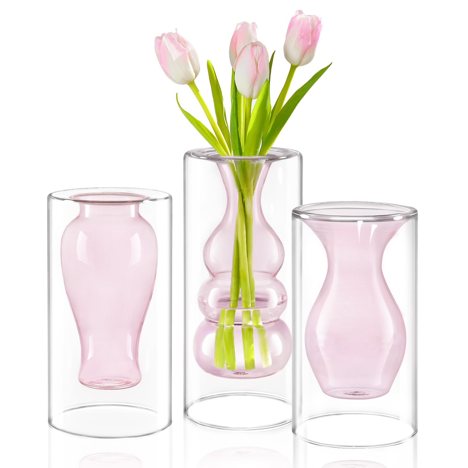 ZENSUnique Small Pink Flower Vase Set of 3, Modern Floating Decorative Vases, Double Hollow Cool Glass Vases, Hand Blown Bud Vases for Home Small Bouquet, Wedding Centerpieces