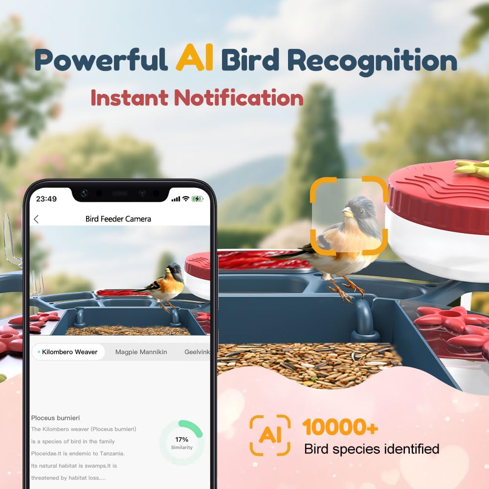ExcyphrXyf 2K Smart Feeder with Camera Solar Powered,AI Identify Bird Species,Instant Notifications,DIY Add-ons,2 in 1 Hummingbird Feeder Camera Ideal Present for Bird Lovers