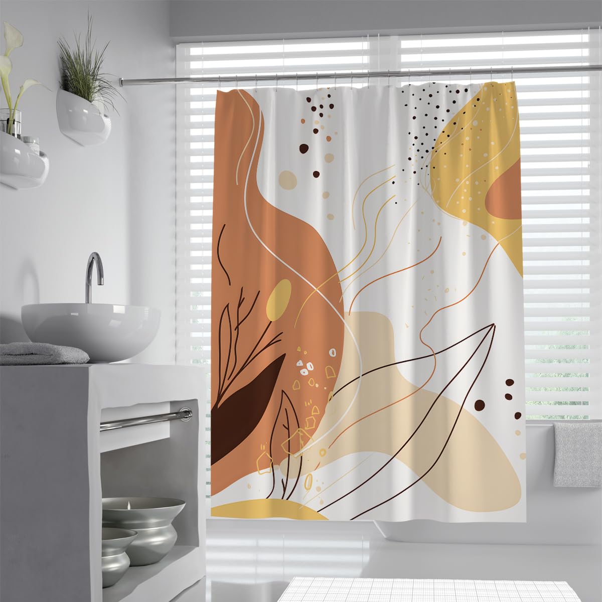 UIRINGART Abstract Shower Curtain W200xL220cm Earth Tone Organic Shapes Fluid Lines Minimalist Line Art Waterproof Mildew Resistant Polyester Bathroom Curtains