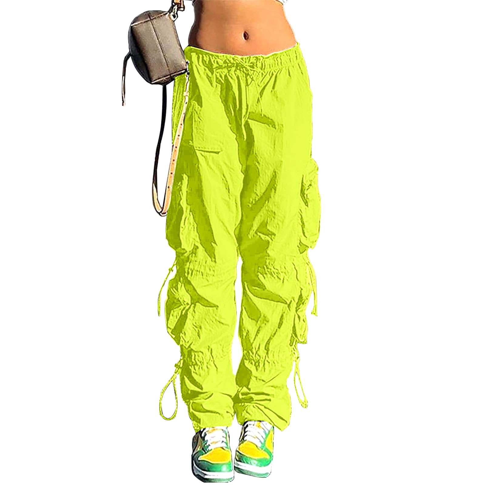 QYANGG Baggy Parachute Pants for Women& Girls Drawstring Elastic Low Waist Ruched Cargo Pants Multiple Pockets Jogger Y2K