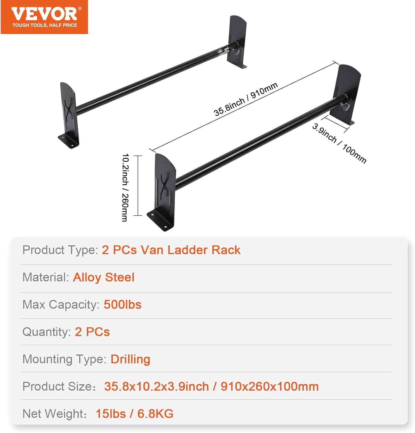 VEVOR Van Roof Ladder Rack, 2 Bars Alloy Steel Roof Racks, 500 LBS Capacity Roof Rack, Adjustable Length 35.8"-52.4", Van Ladder Rack Compatible with Chevrolet Express, GMC Savana, etc, Drilling Mount