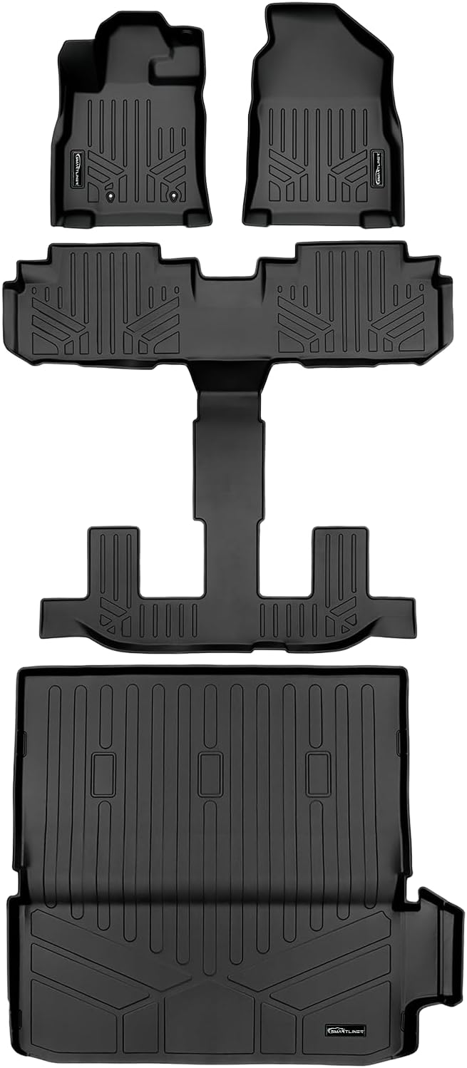SMARTLINER All Weather Protection Custom Fit Black 3 Rows Floor Mats and Cargo Liner Behind 2nd Row Set Compatible with 2019-2023 Subaru Ascent