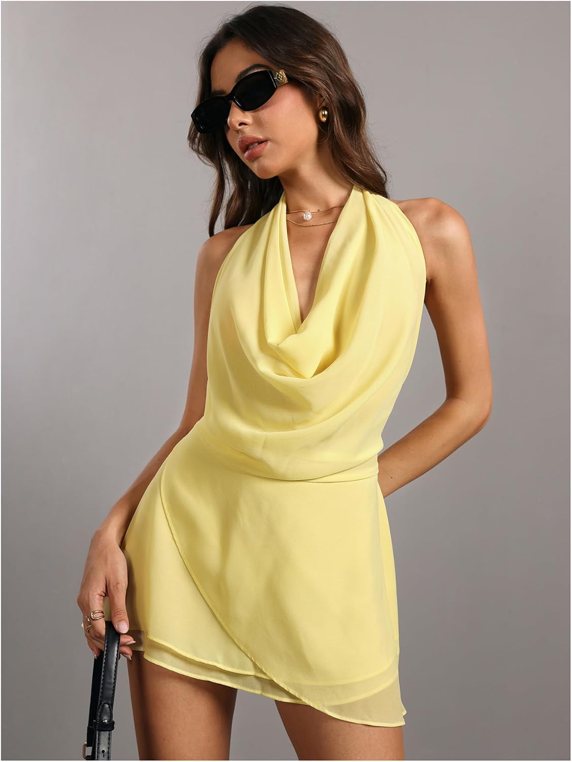 Women's Tie Backless Halter Mini Dress Cowl Neck A Line Asymmetrical Cocktail Dresses - Image 4