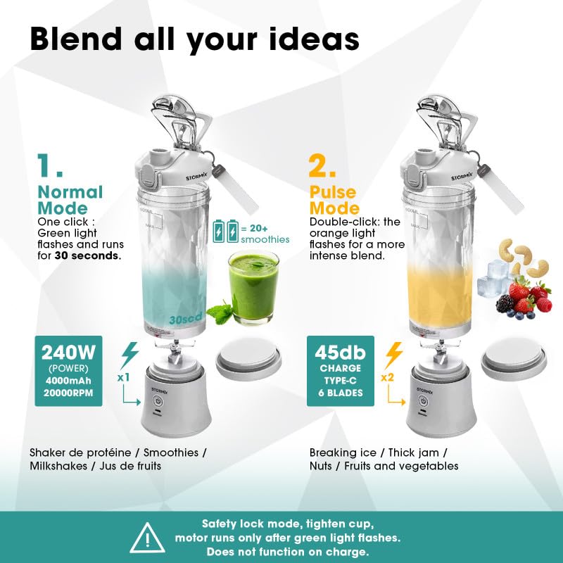 STORMIX BLENDER – Blender Portable Sans Fil – 6 Lames Acier Inoxydable – 150W Puissant & Rapide – Smoothies, Shakers, Glace Pilée – 600ml – USB-C Rechargeable – Auto-Nettoyage – Design Élégant