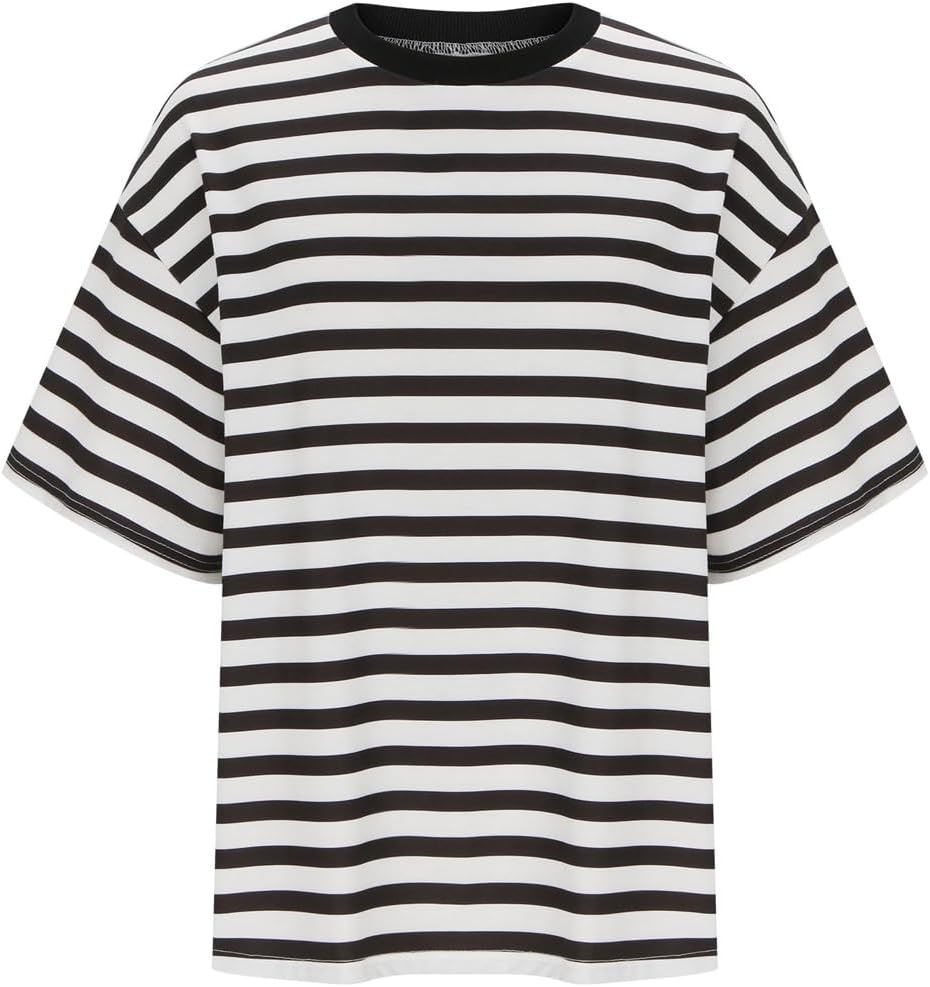 Women’s Short Sleeve Striped T-Shirts Fashion Summer Casual Round Neck Top