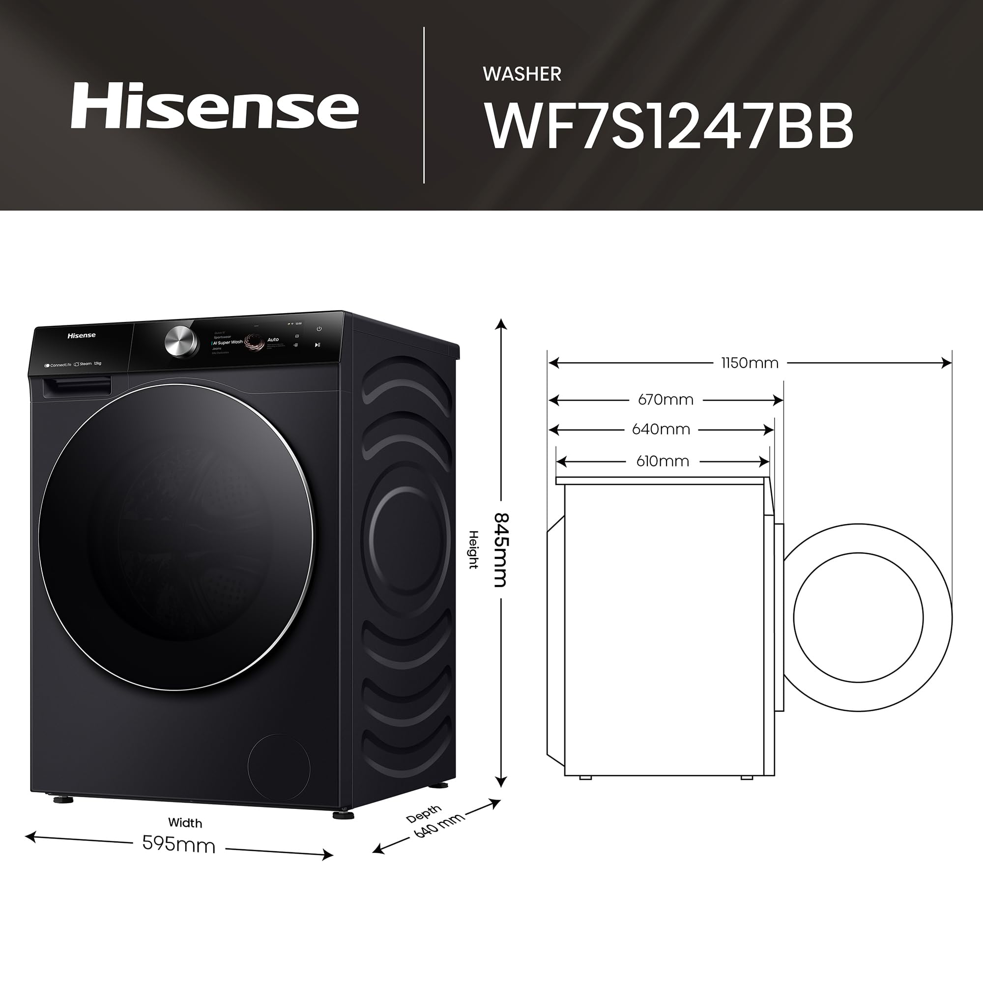 Lavatrice Hisense 20012513 WF7S1247BB Black