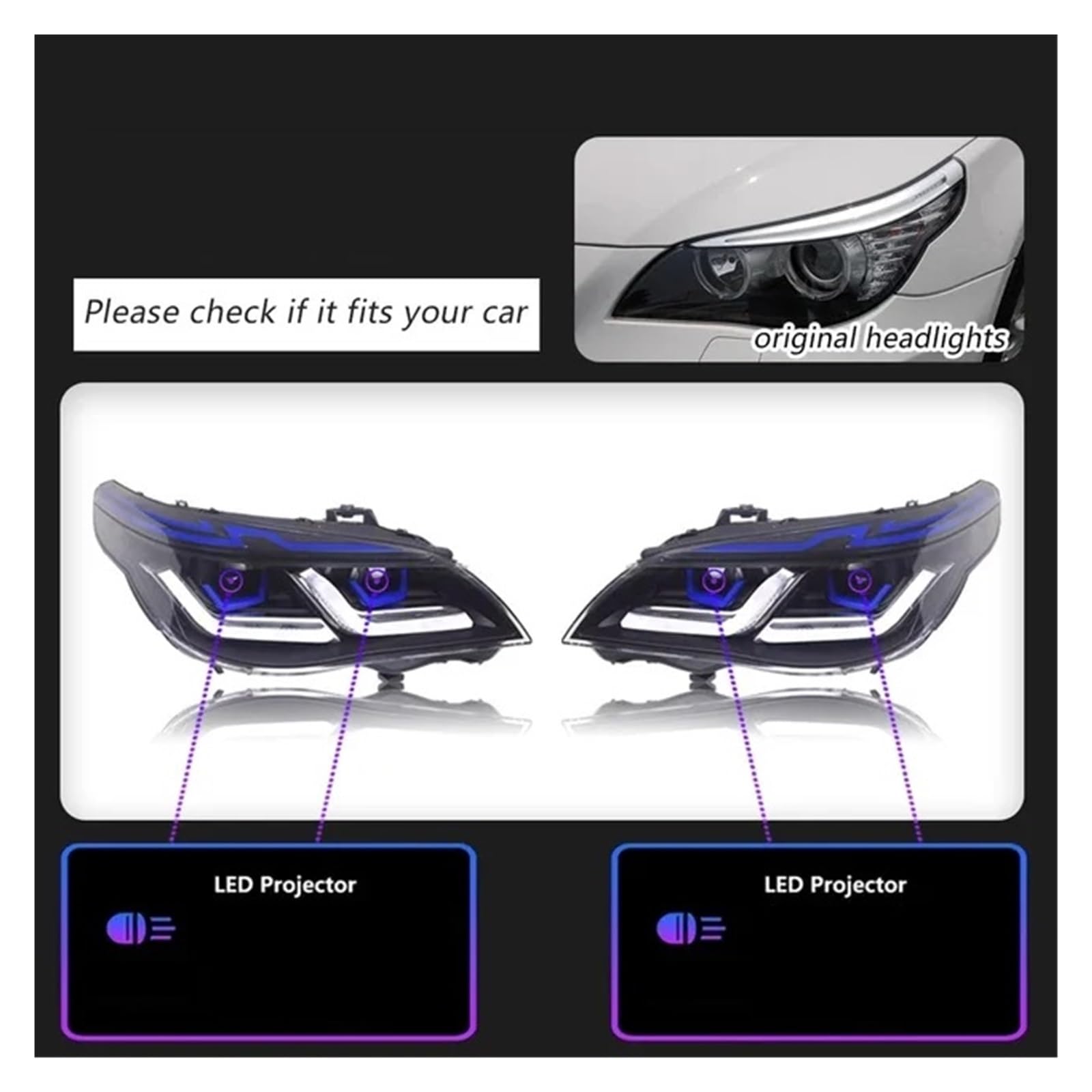 Aggiornamento fari a LED modificati compatibili con i fari della BMW Serie 5 E60 2003-2010, fari con segnale dinamico, accessori Compatible with auto(2008-2010)
