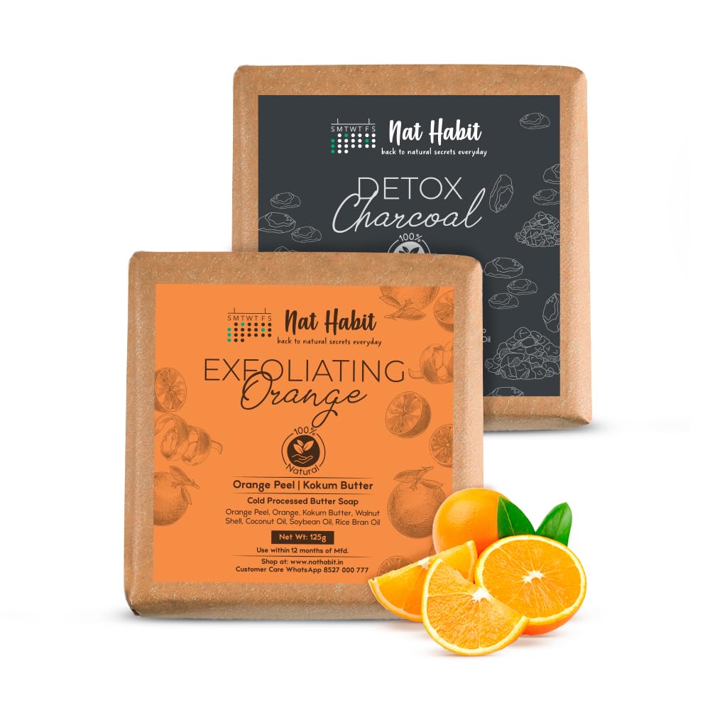 Nat Habit Charcoal & Orange Bath Soap Combo |Butter Bath Soap for Pore Purification, Oil Control| Cold-Processed Vit C Soap for Body Acne, Pimples |Collagen Boost, Gently Exfoliates & Improve Skin Tone | 125g Each