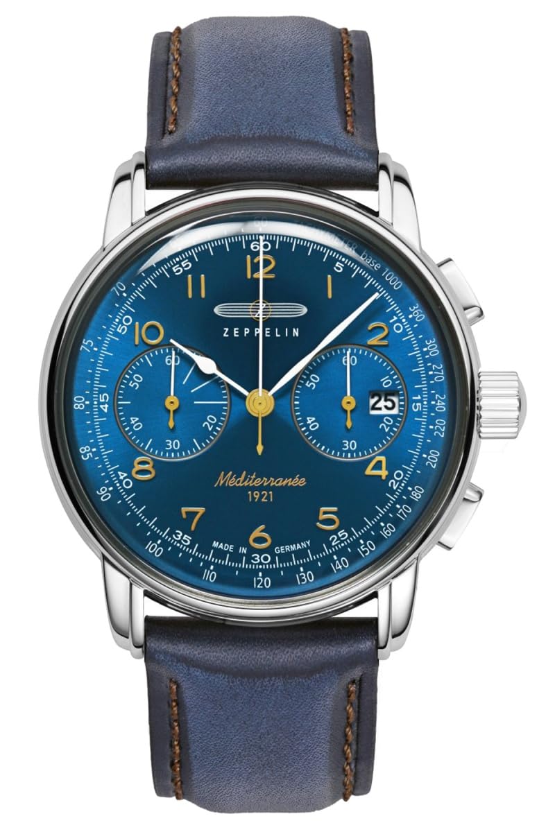 Zeppelin 9670-3 Herrenuhr 100 Jahre Méditerranée Edelstahl Silberfarben Blau Made in Germany