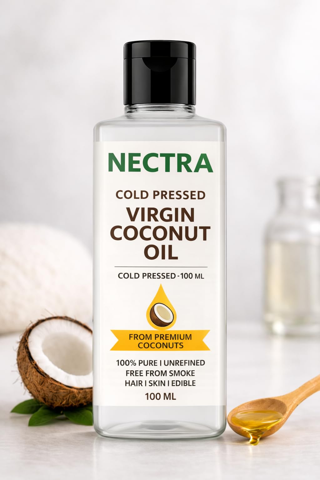 NECTRA Virgin Coconut Oil 100ml | Cold Pressed, 100% Natural | For Hair Growth, Skin Care & Baby Massage | Multipurpose Edible Coconut Oil