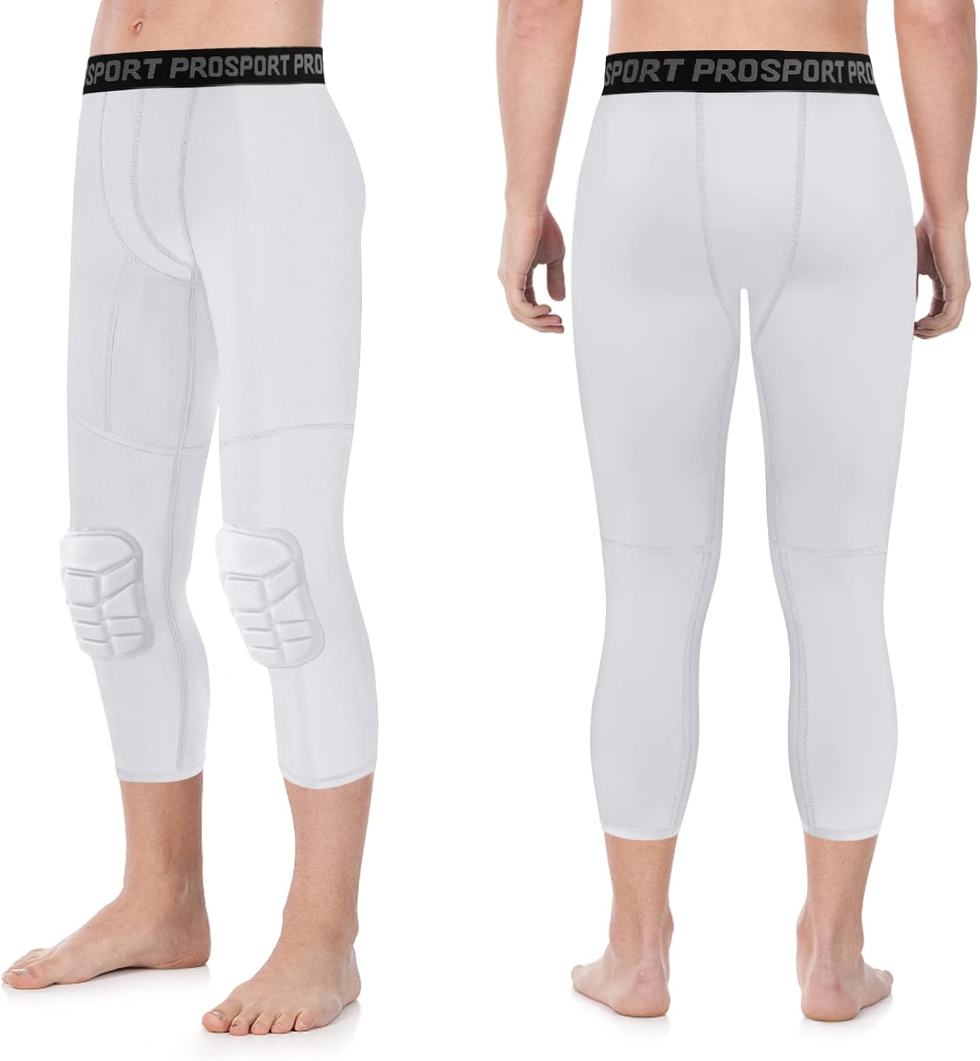 Mens Boys Compression Pants with Knee Pads 3/4 Capri Sport Tights Basketball Athletic Base Layer Workout Leggings