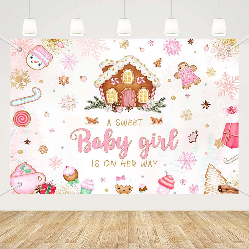 MEHOFOND 7x5ft Christmas Gingerbread House Baby Shower Backdrop A Sweet Baby Girl is On Her Way Photography Background Pink Snowflake Candyland Decor