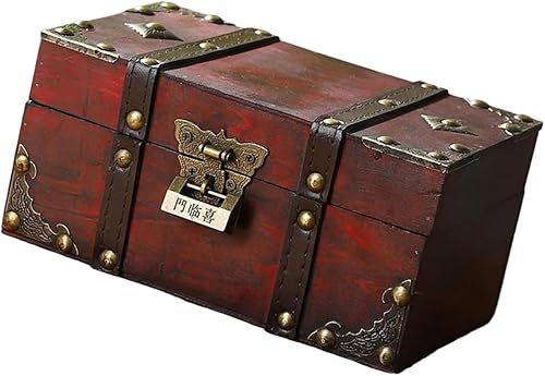 Miniatura 9 de Cofre de madera con cerradura de almacenamiento de color antiguo tronco para coleccionables y joyas caja de madera decorativa con tapa con bisagras