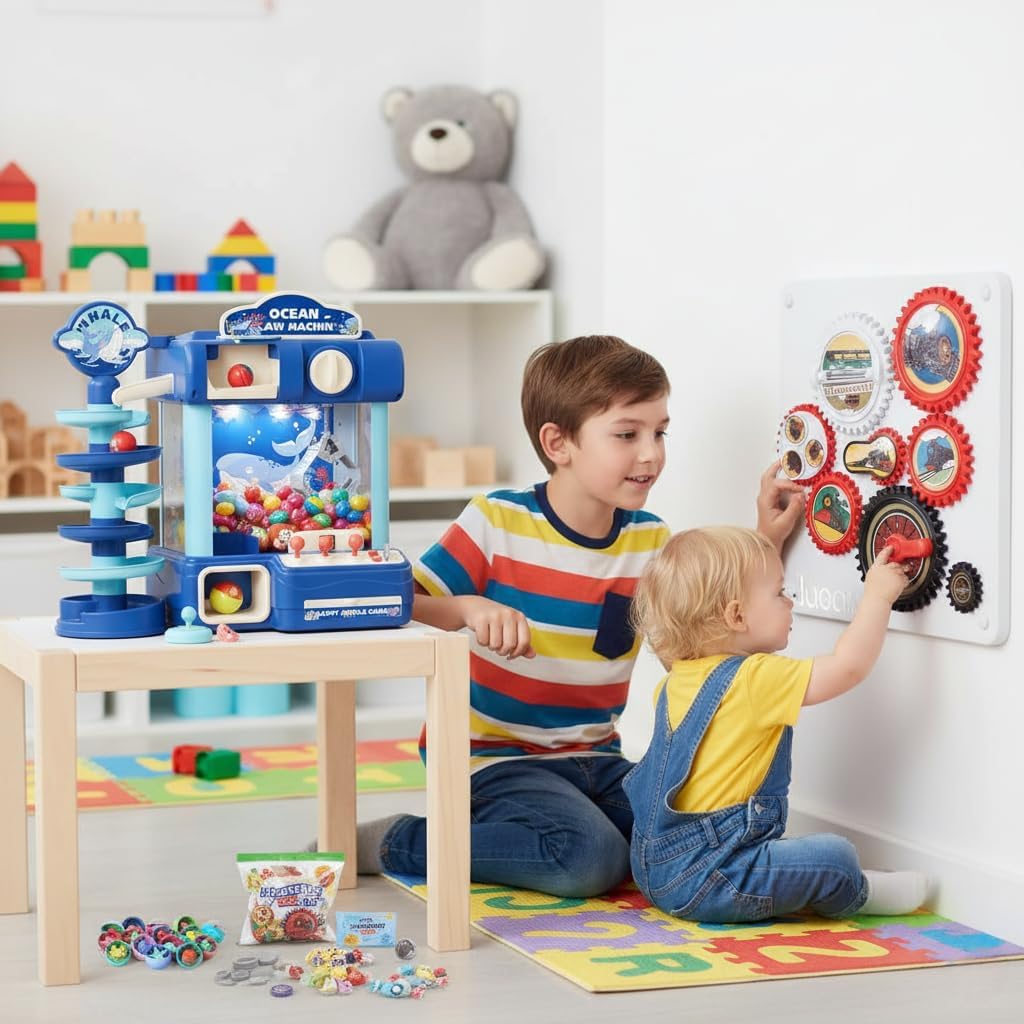 Kids Arcade Claw Machine + 7PCS Magnetic Gear Toy Set, Electronic Game & Train-Themed STEM Gear Toys Bundle for Toddlers & Kids