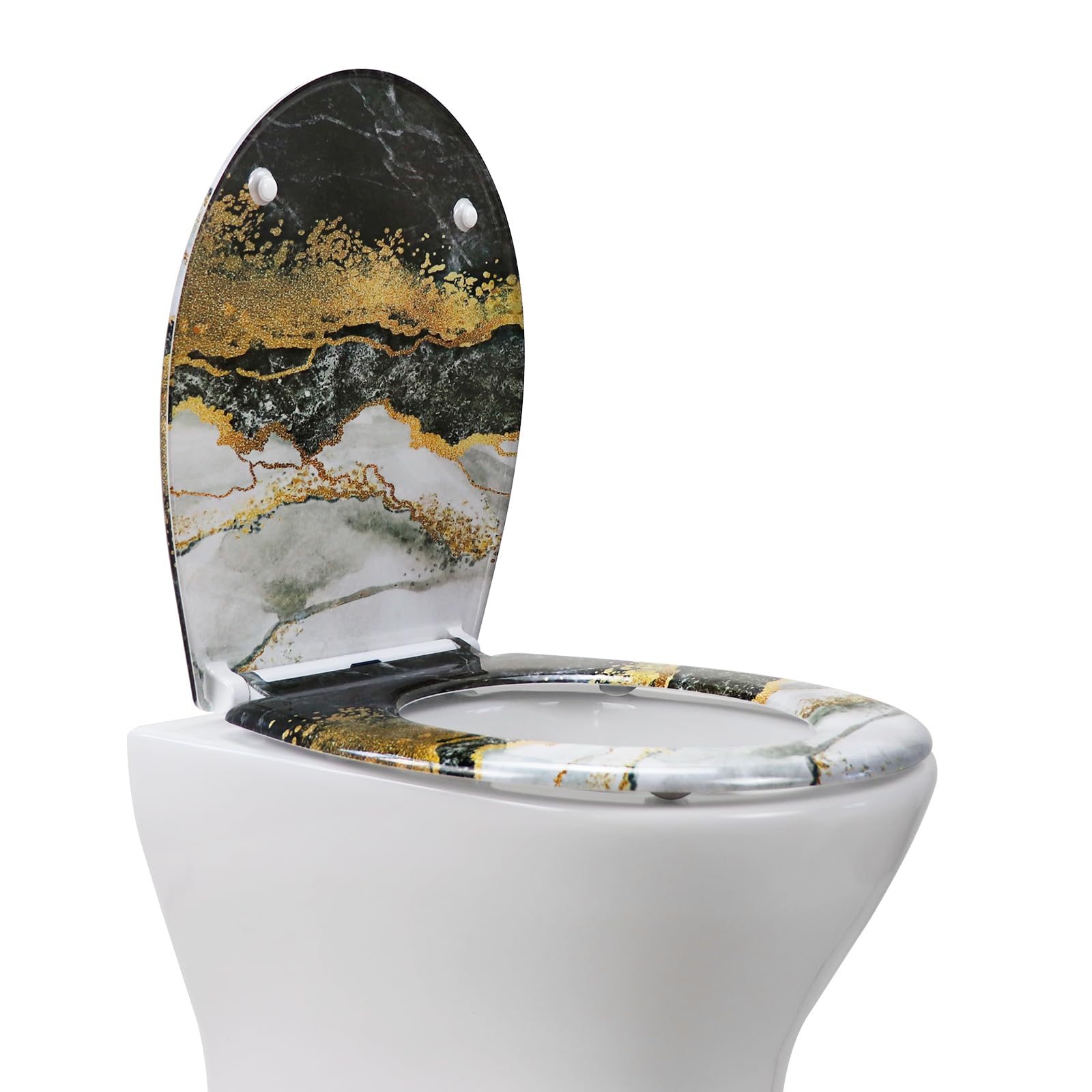 Fanmitrk Sedile WC con abbassamento automatico, coperchio WC con motivo, occhialini con funzione Quick Release (UF81953) (marmo nero
