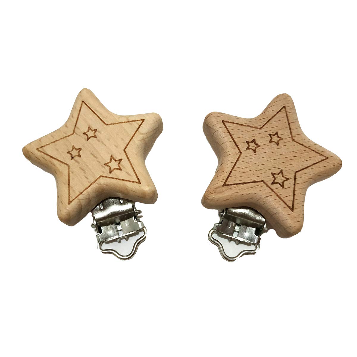 20pcs Natural Wood Suspender Pacifier Clips Cute Beech Wooden Animal Start Shape Clips DIY Beading Pacifier Chain Accessory