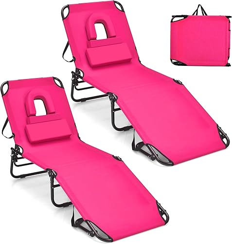GYMAX Silla bronceadora, silla de playa de 350 libras con orificio facial, almohada lavable y correa de transporte, tumbona plegable ajustable,