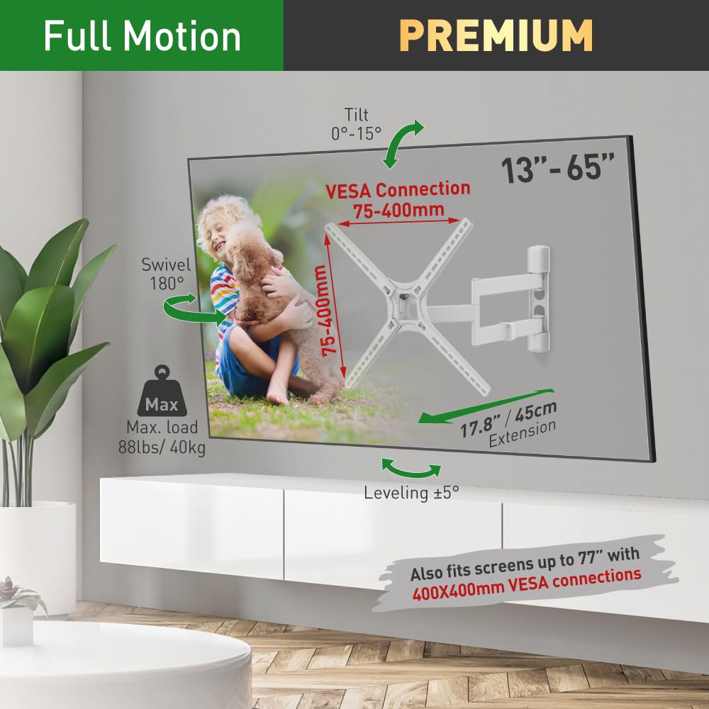 Barkan Soporte de Pared Blanco para TV, articulado de Movimiento Completo de 13 a 65 Pulgadas, Soporte de Pantalla Plano y Curvo, soporta hasta 88 Libras, Patentado, garantía Limitada de por Vida,