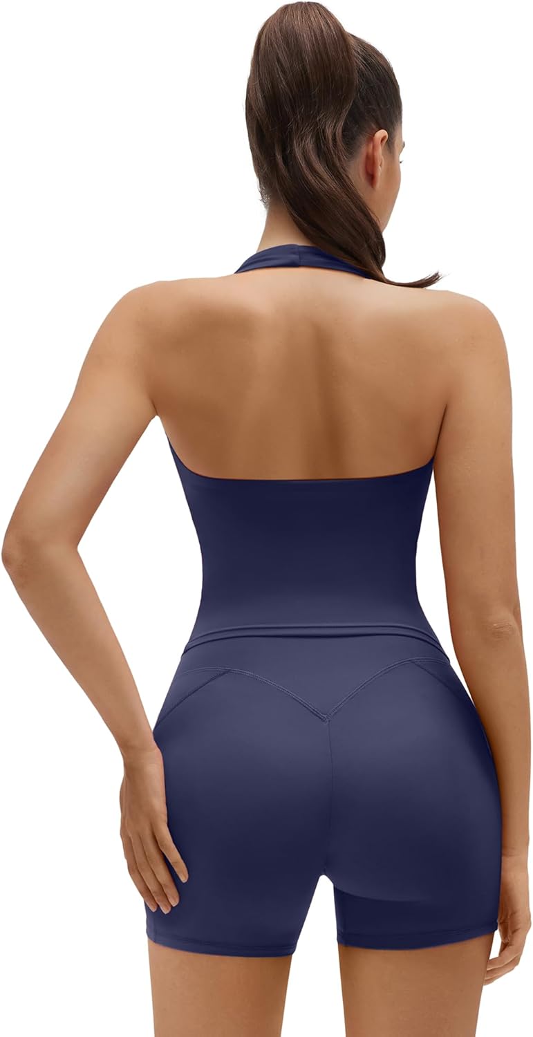 SUUKSESS Women 2 Piece Workout Sets Halter Neck Padded Yoga Tank Tops High Waisted Biker Shorts with Pockets