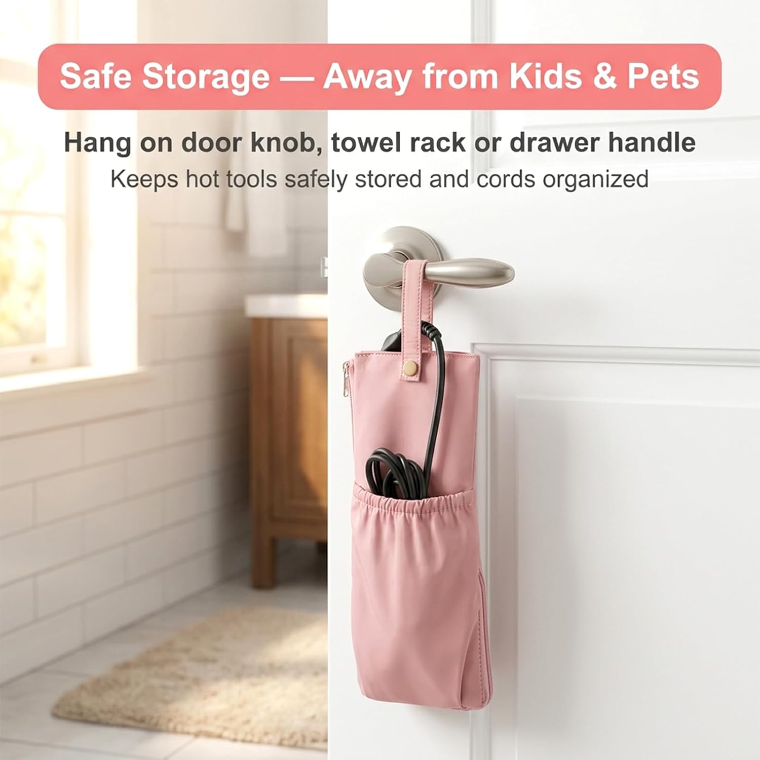 2-in-1 Heat-Resistant Hot Tool Travel Bag & Mat, Hanging Storage Pouch for Curling Iron, Flat Iron, Hair Straightener and Styling Tools (Pink)