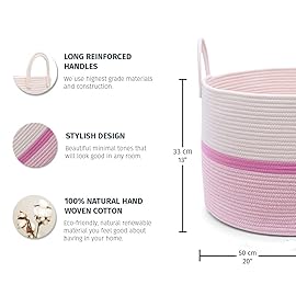 OrganiHaus Large Woven Storage Basket for Blankets and Toys 20 x 13 Inch, Rope Laundry Basket with Handles, Cushions & Pillows Storage Bin, Nursery Hamper, Soft Round Dog Toy Bin - Pink Stripe