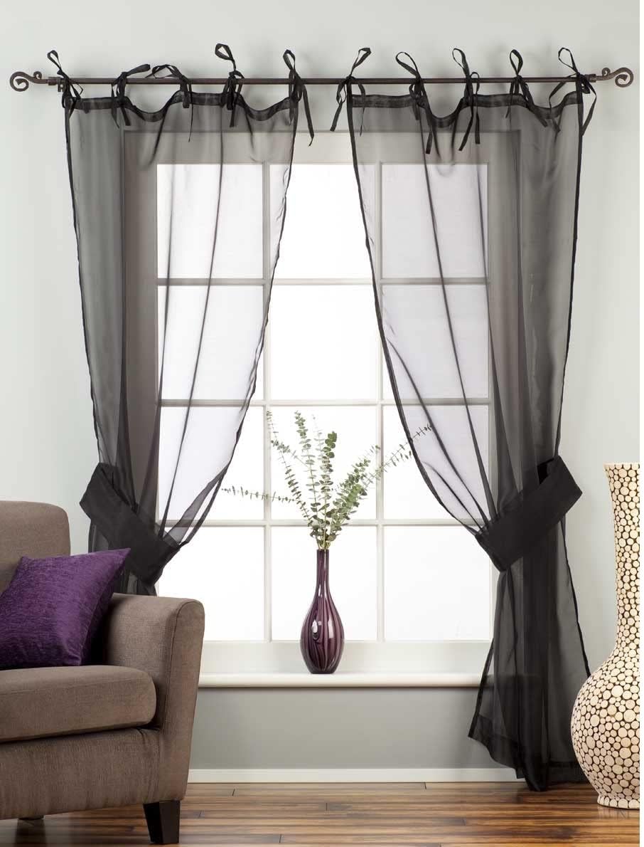 Indian Selections Black Tie Top Sheer Tissue Curtain with Tie Back/Drape/Panel - 84" - Pair