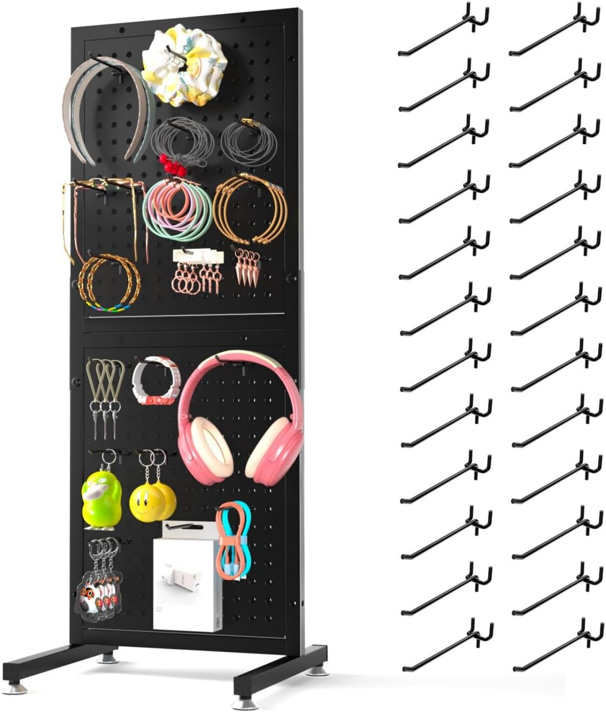 Metal Pegboard Shelf - Peg Board Display Wall Mount with 24 Hooks, 12.5x32.8 In Portable Garage Desktop Pegboard Organizer Retail Display Rack For Jewelry Hair Accessories, Mobile Phone Shop/Black