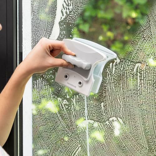 BricoLoco.com Limpiacristales Magnético de Doble Cara con Cuerda de Seguridad – Limpiador de Ventanas Fácil y Rápido | para Vidrios hasta 8 mm, con Esponjas y Gomas Reutilizables