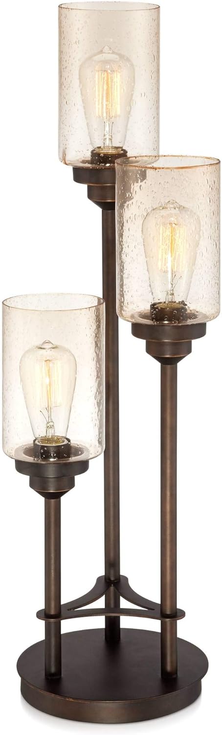 Franklin Iron Works Libby Modern Industrial Rustic Farmhouse Table Lamp 30" Tall Full Size Bronze Metal 3-Light LED Amber Seeded Cylinder Glass for Living Room Bedroom House Bedside Nightstand