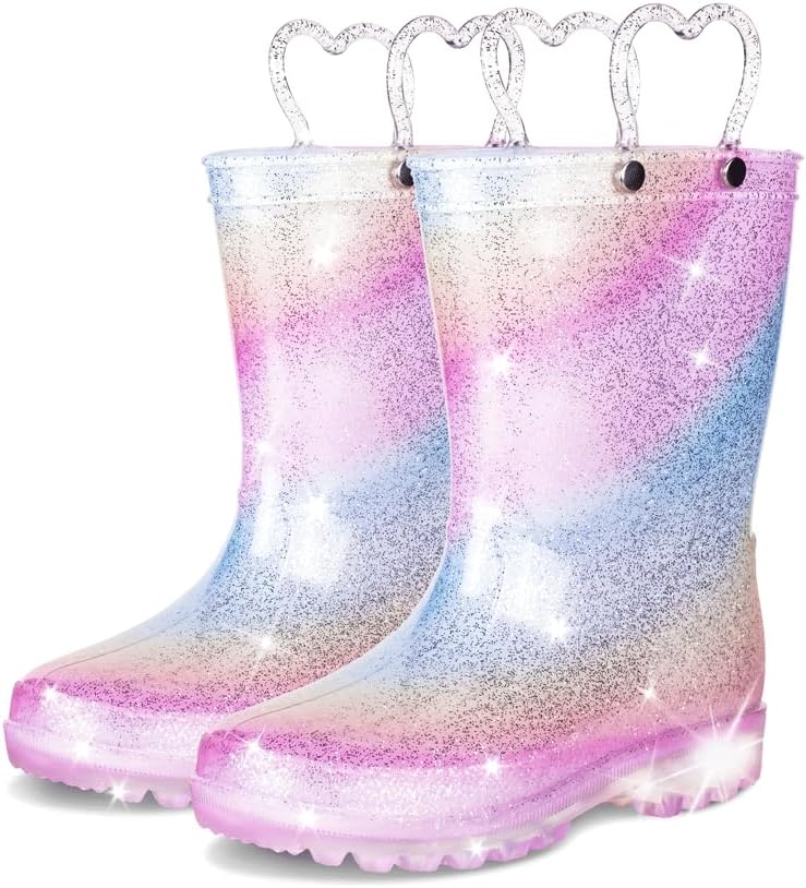 GAWBAW Toddler Rain Boots Kids With Glitter Light up Rain Boots With Easy-on Handles Waterproof For Boys and Girls