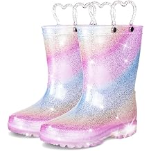 GAWBAW Toddler Rain Boots Kids With Glitter Light up Rain Boots With Easy-on Handles Waterproof For Boys and Girls