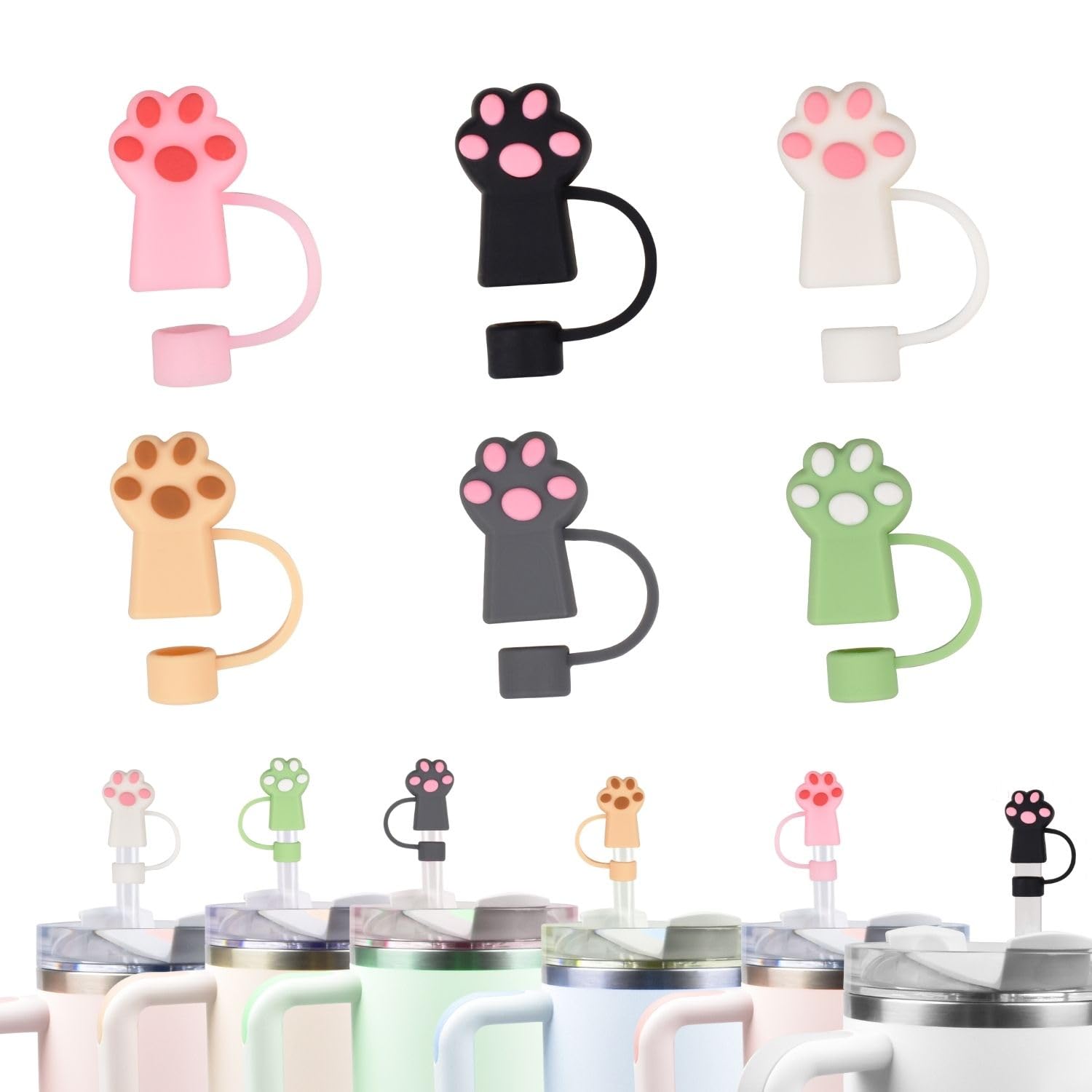 Shimsol Stanley Cup Straw Cover Cap Toppers Compatible with Stanley 30&40 OZ Tumbler, 6pcs Reusable Cute Cat Paw Silicone Dust-Proof Straw Tips For 0.4in/10mm Stanley Cups Straws Accessories(6PCS)