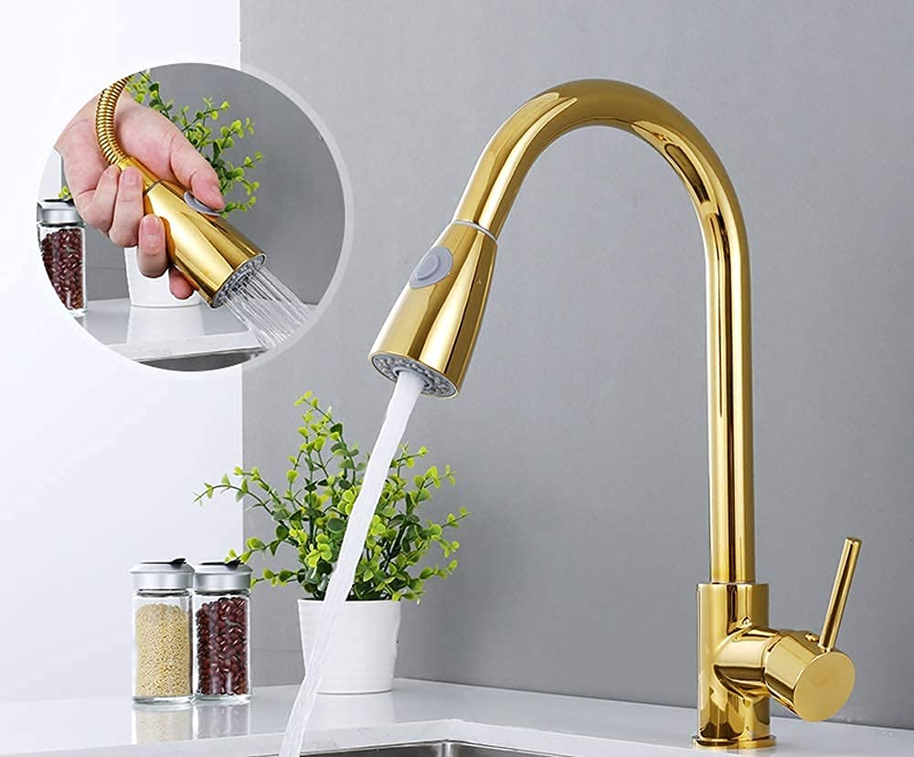 Baterie, łazienka Złota wyciągana głowica natryskowa Bateria kuchenna 2 tryb opryskiwacza 360 obrót Pojedynczy uchwyt Mixer Tap Żuraw do zlewu Pojedynczy uchwyt Deck Mounted/a little surprise