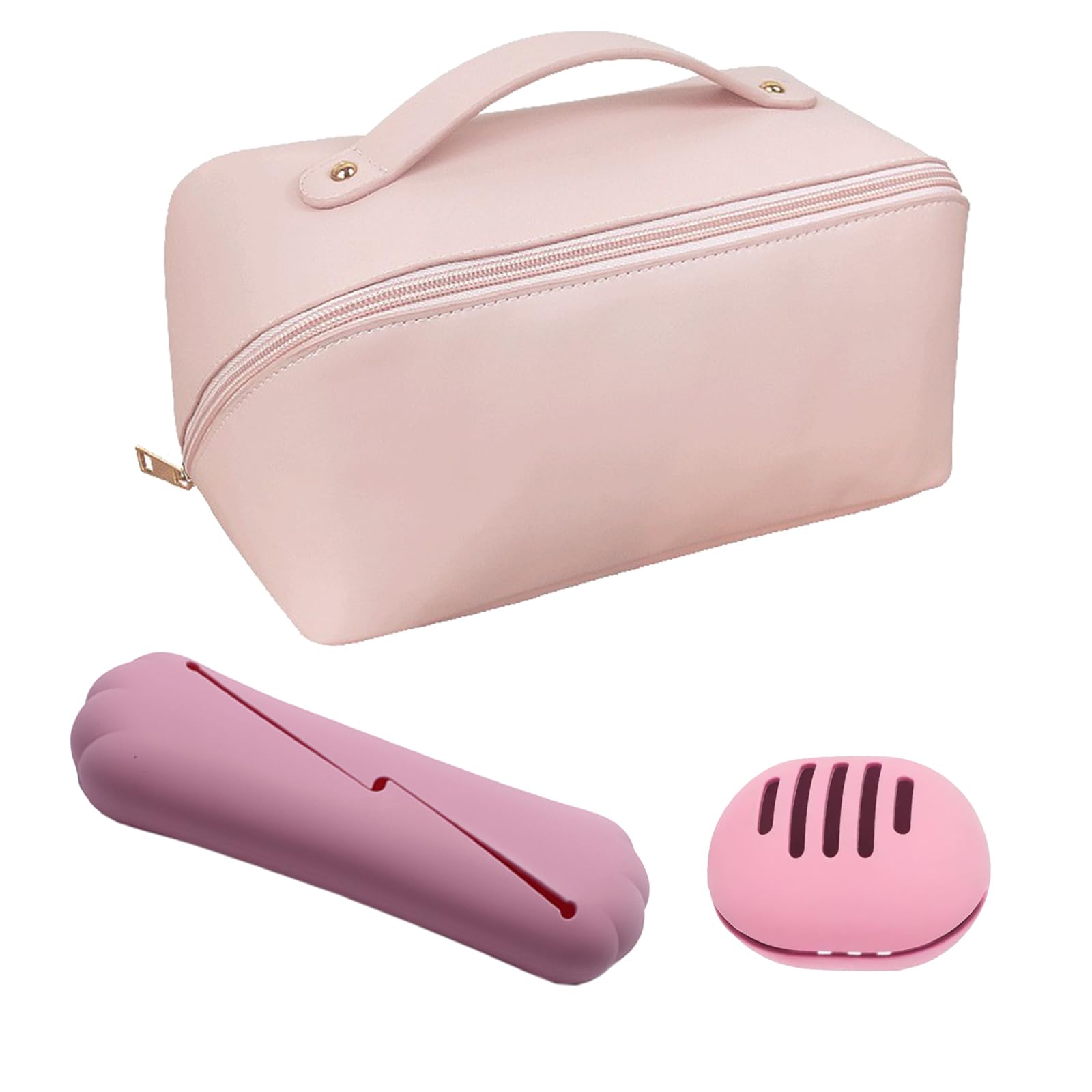 DALAETUS 3 Pcs Large Valentines Day Capacity Travel Cosmetic Bag, Makeup Toiletry with Sponge Holder & Silicone Brush Holder, Waterproof Wash Bag Organizer with Compartments for Lover (Pink)