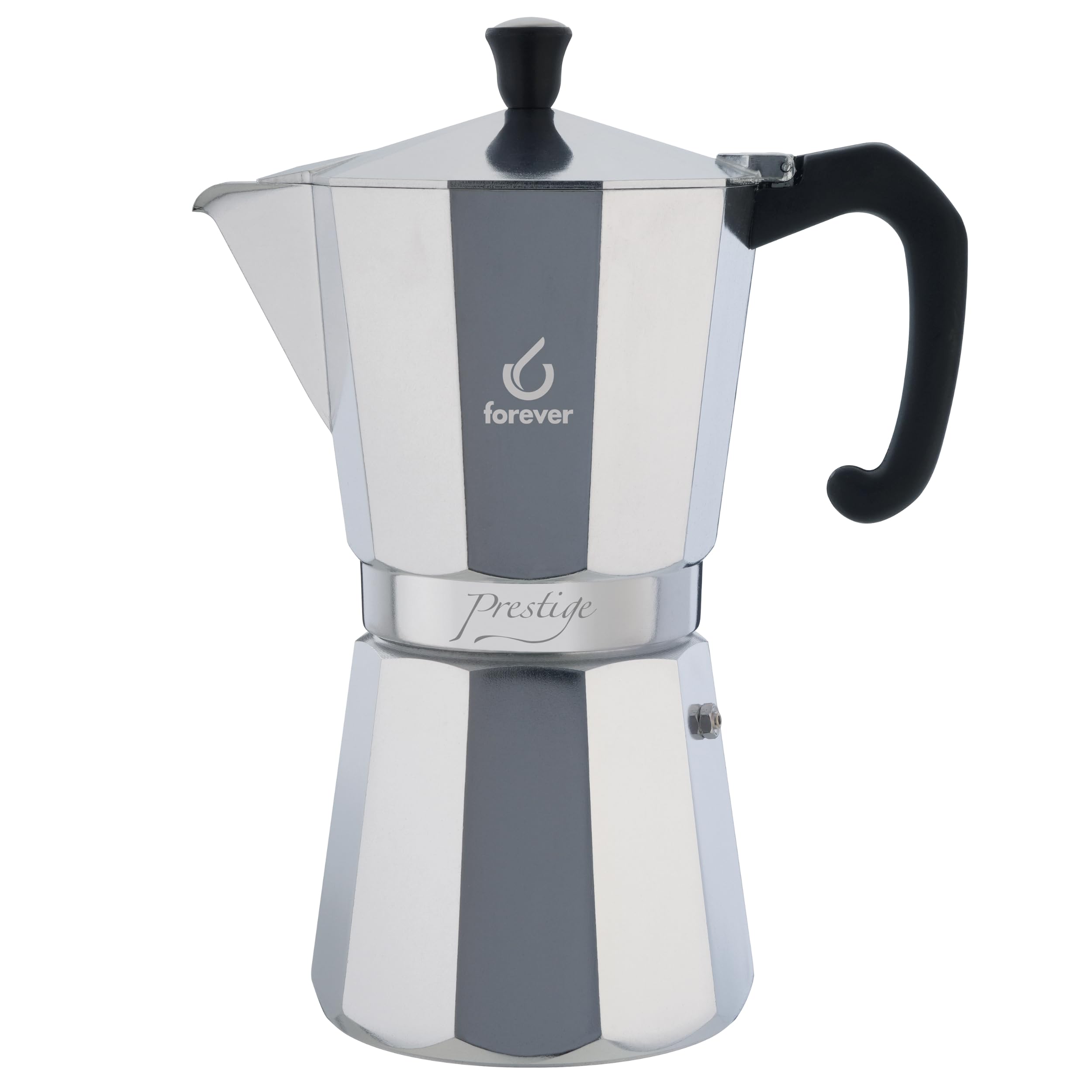FOREVER Miss Moka Prestige 12 tazas | Cafetera Moka de aluminio | Máquina tradicional para casa, camping y exterior | Con junta de silicona higiénica de alta resistencia