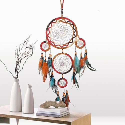 Dream Catcher, Jescrich Traditional Handicrafts Dream Catcher Hanging Feathers Ornament with 5 Rings, Wall Hanging Gift（19.6'' Long） (Retro)